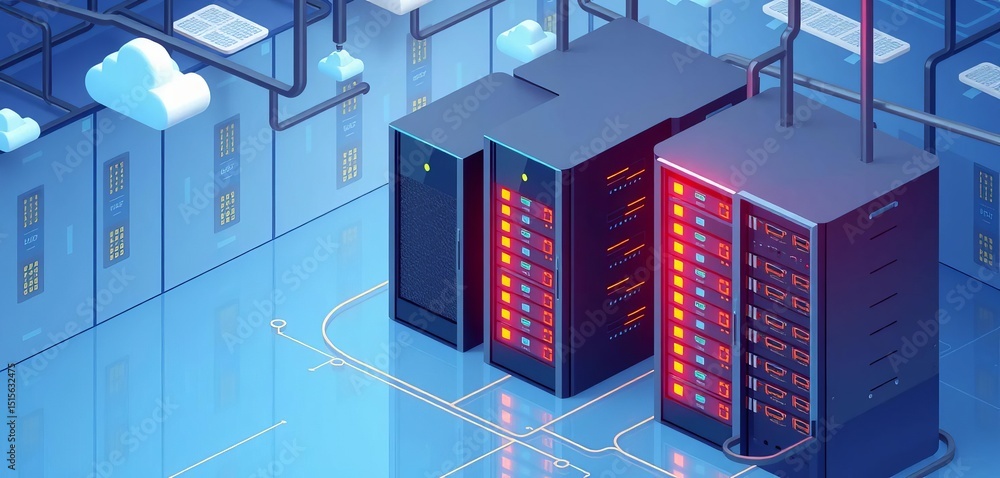 Isometric illustration of a server room with large data storage and cloud connection, showcasing online hosting technology, vector, database Isometric illustration of a server room with large data storage and cloud connection, showcasing online hosting technology, vector, database