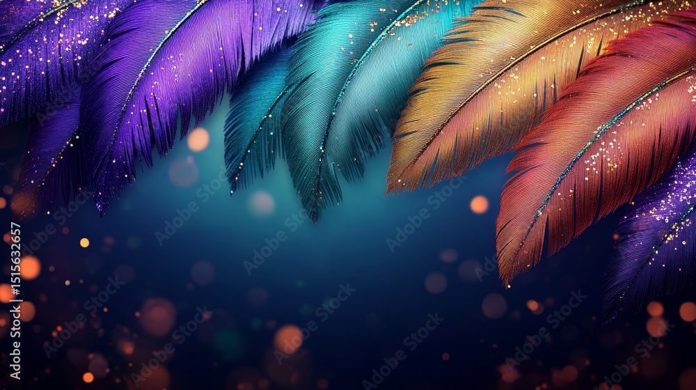 Obraz premium Mardi Gras carnival feathers background with copy space, gold green purple