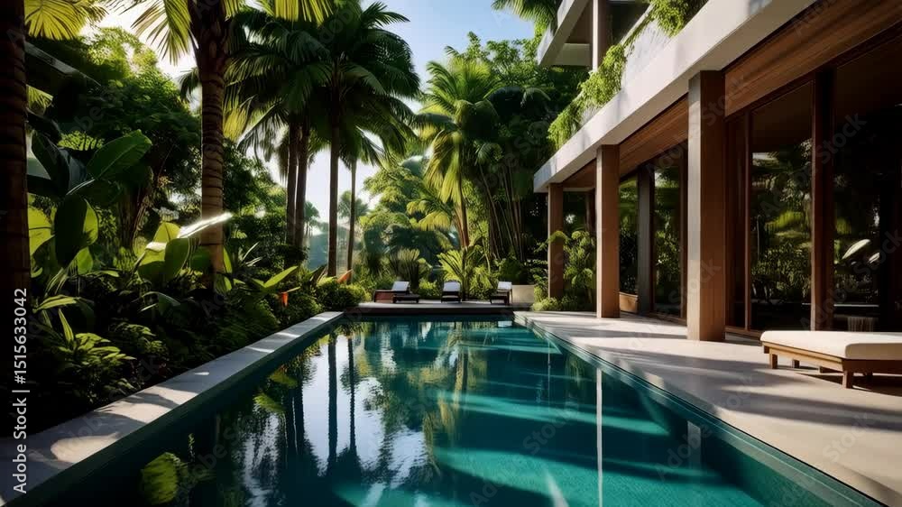 Modern villa with a swimming pool surrounded by lush tropical plants and palm trees on a sunny day creating a relaxing vacation vibe Modern villa with a swimming pool surrounded by lush tropical plants and palm trees on a sunny day creating a relaxing vacation vibe