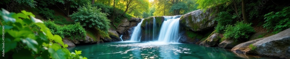 Obraz premium Tranquil waterfall cascades through lush, vibrant foliage , leaves, background, view