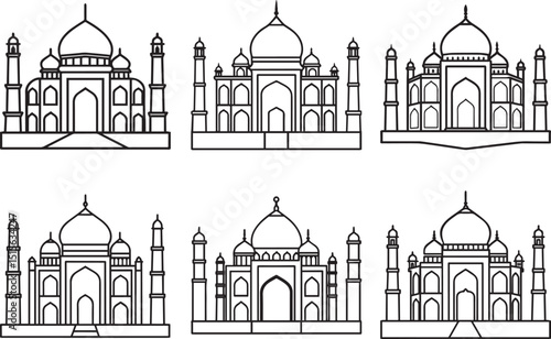 Set of taj mahal outline vector illustration, line art