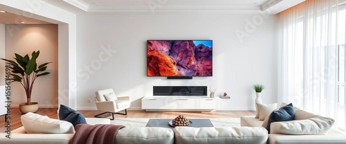Modern white living room, comfy sofa, flat-screen TV,  living room,   white walls
