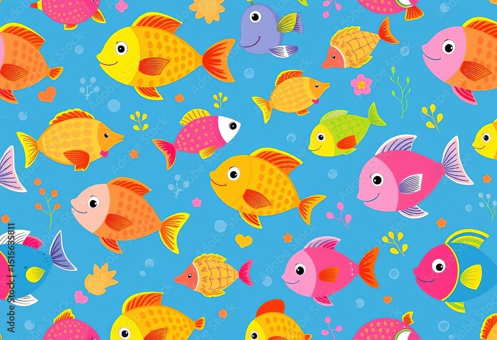 Seamless vector pattern featuring adorable cartoon fish and aquatic animals in vibrant colors, adorable, wildlife Seamless vector pattern featuring adorable cartoon fish and aquatic animals in vibrant colors, adorable, wildlife