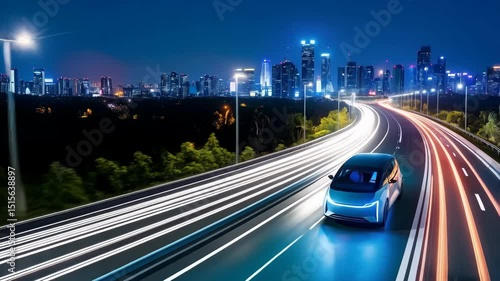 Autonomous electric car moving fast on highway with light trails against cityscape at night, concept of future transportation, technology and innovation
