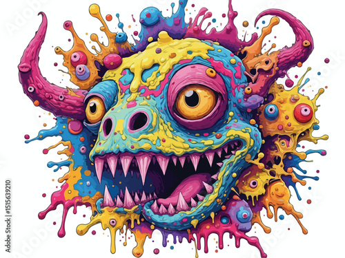 A bright, whimsical monster with prominent eyes and large teeth, creating a lively and engaging visual presence..eps