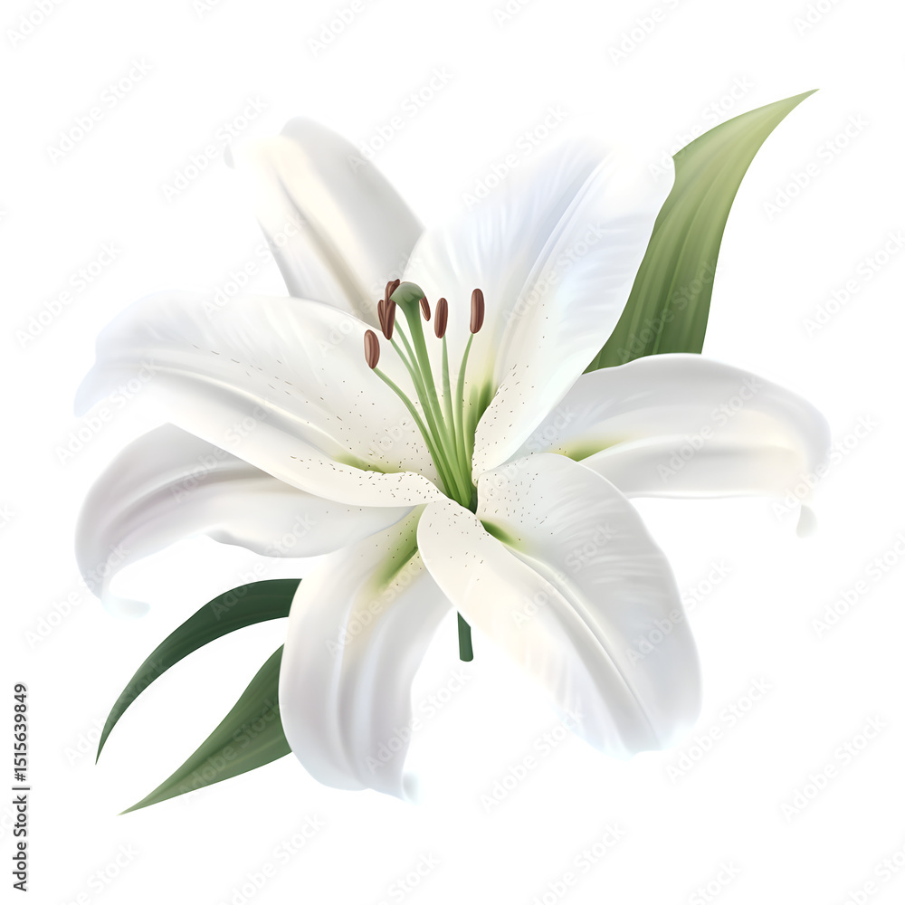 Elegant lily bloom, white petals with subtle shading, realistic watercolor style, transparent background, PNG format Elegant lily bloom, white petals with subtle shading, realistic watercolor style, transparent background, PNG format