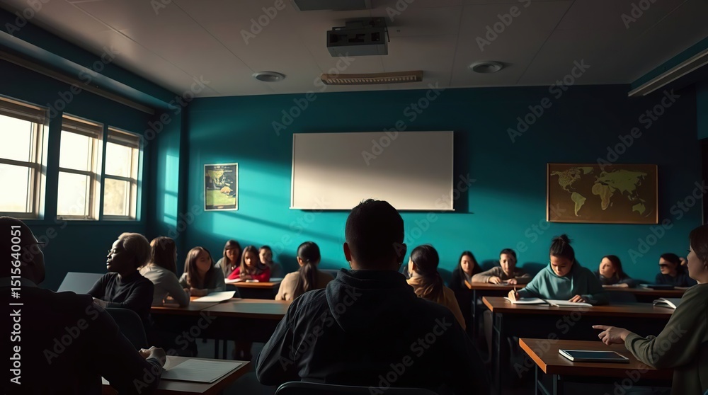 Fototapeta premium Interior view of a classroom with students seated at desks, facing the front with a blank board