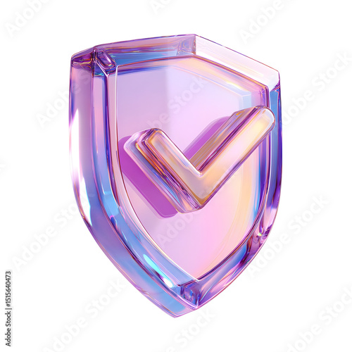 Futuristic 3D render of a vibrant translucent purple and pink crystal shield icon representing security authentication and approval