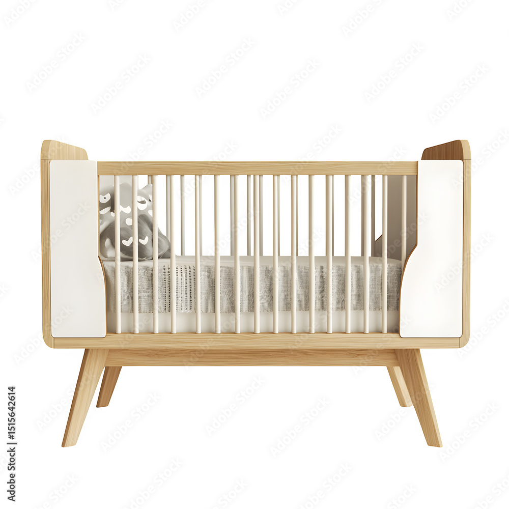 Minimalist baby crib with white slats and light wood frame, soft bedding, isolated object, transparent background, PNG style Minimalist baby crib with white slats and light wood frame, soft bedding, isolated object, transparent background, PNG style