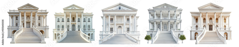 Fototapeta premium Elegant architectural designs of white buildings with stairs, Isolated on Transparent, white background