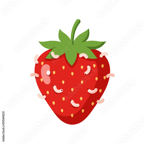 Strawberry with Worms Flat Vector Illustration Organic Gardening Concept