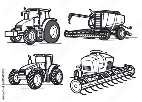 Set of high-performance agricultural machines drawn in professional vector lines, used for cultivating, harvesting, lifting, and transporting crops efficiently.
