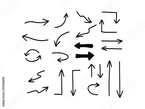 ベクターのペンの手描きの矢印セット