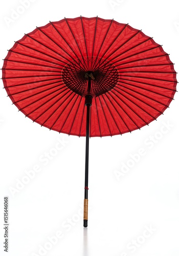 A traditional Japanese umbrella standing upright with rich red and black color tones  centered on a clean white background 