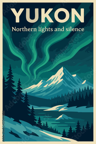 Yukon Aurora Borealis Poster with Snowy Mountains and Forest
