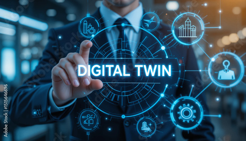 Businessman using virtual touch screen presses the inscription DIGITAL TWIN. Vritual model exchanging data, system simulation and monitoring