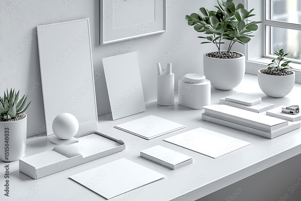 Fototapeta premium Minimalist Workspace Mockup with White Papers and Plants