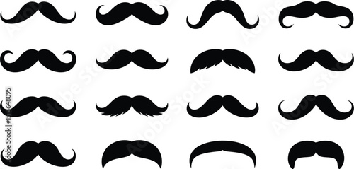 Vintage black mustache icon set featuring retro handlebar, walrus, pencil, and curly designs.










