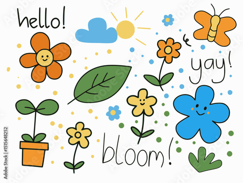 Hand drawn doodle illustration of flowers, leaves, butterfly, sun, cloud, and cheerful words like hello, bloom, and yay on white background. Spring themed clip art. 