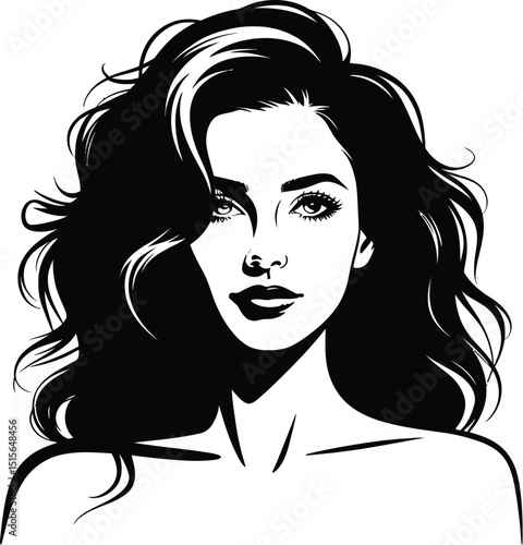 Elegant woman with long wavy hair and thoughtful expression in black and white pop art style.





