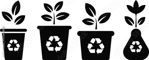 
Black and white plant growth lifecycle icons with seedling, sapling, mature stages, and recycling symbol.









