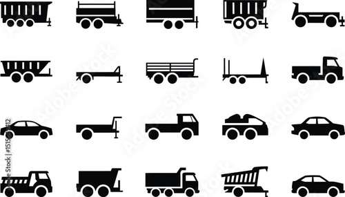 Collection of black and white vehicle icons including trucks trailers cars and machinery on a white background for transportation concepts