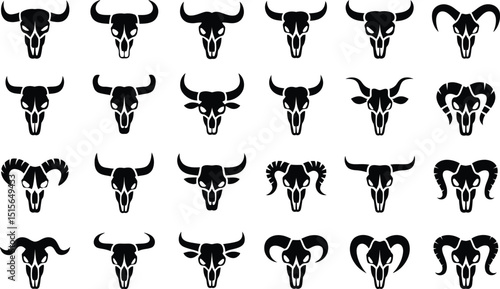 A vector illustration of various animal skulls in black and white showcasing different horn and skull shapes in a repeating pattern