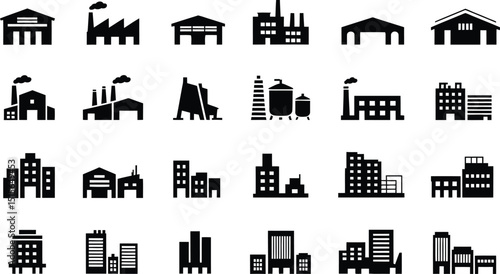 A collection of black and white vector illustrations depicting industrial buildings factories warehouses and cityscapes in a simple icon style
