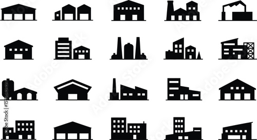 A collection of black and white silhouettes of industrial buildings factories warehouses and various commercial structures for design projects