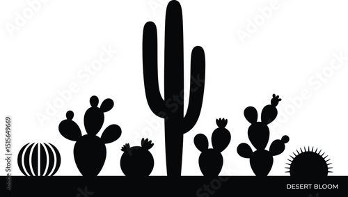 Minimalist black and white illustration showcasing diverse cactus silhouettes representing desert flora elements in a modern design.