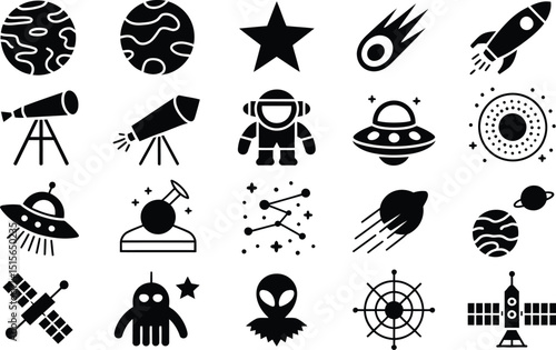 Black and white space themed icon set featuring planets telescopes rocket ships ufos aliens and other cosmic elements