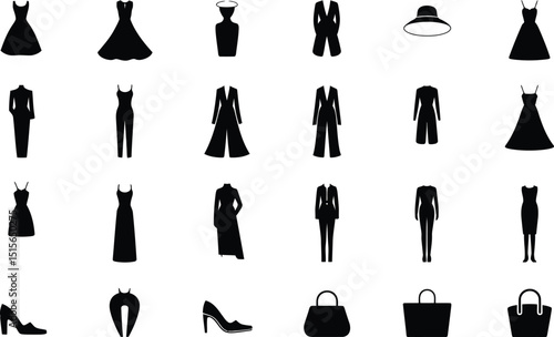 A monochrome collection of elegant women's apparel and accessories including dresses suits bags shoes and hats for fashion design and styling