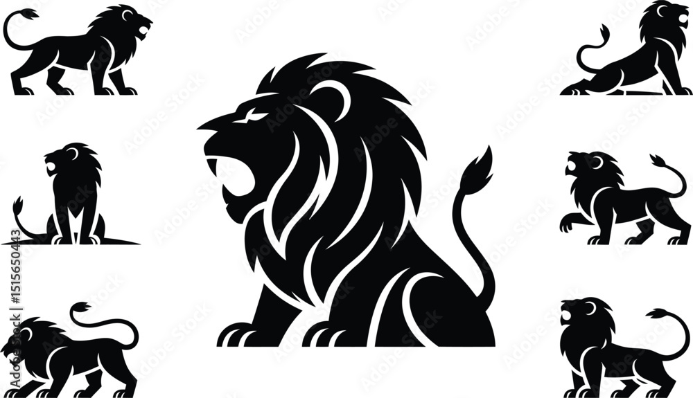 Fototapeta premium Vector illustration collection of powerful roaring lions in silhouette poses suitable for logos emblems and branding design projects.