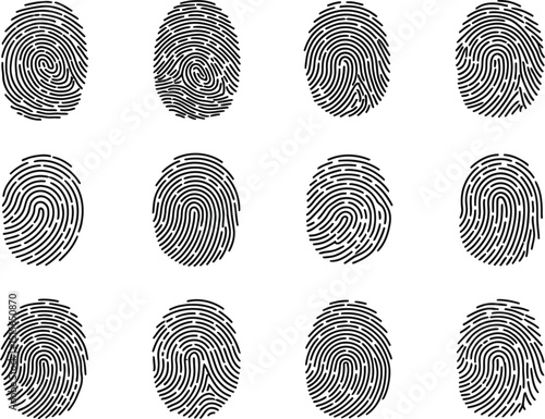 Collection of twelve unique fingerprint illustrations in black featuring diverse swirl patterns and ridge characteristics suitable for design purposes