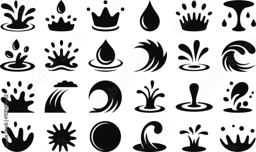 Collection of black and white water splash wave drop icons symbols and elements in various styles for logos and designs