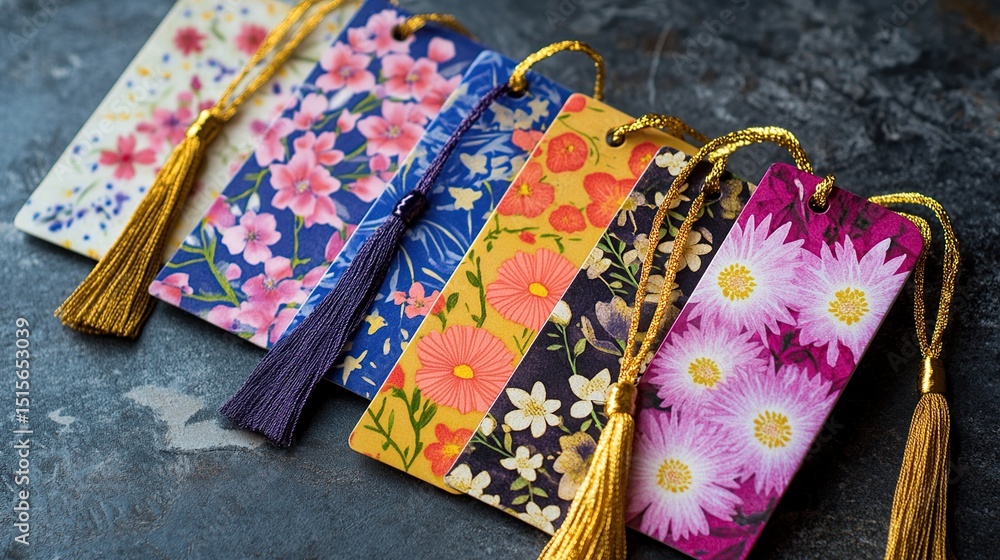 Five rectangular bookmarks, adorned with vibrant floral prints and gold tassels, rest on a dark textured surface. Each bookmark showcases a unique and colorful botanical design Five rectangular bookmarks, adorned with vibrant floral prints and gold tassels, rest on a dark textured surface. Each bookmark showcases a unique and colorful botanical design
