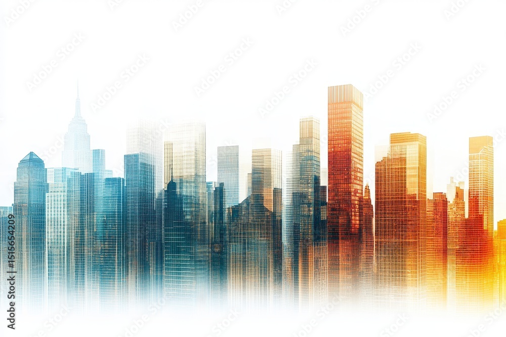 Eclectic modern cityscape with high rises under bright white sky, Modern cityscape, eclectic high rises isolated on white, soft diffuse light Eclectic modern cityscape with high rises under bright white sky, Modern cityscape, eclectic high rises isolated on white, soft diffuse light