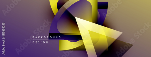 Abstract geometric design. Purple, yellow gradients create dynamic shapes. Modern background for presentations, digital art.