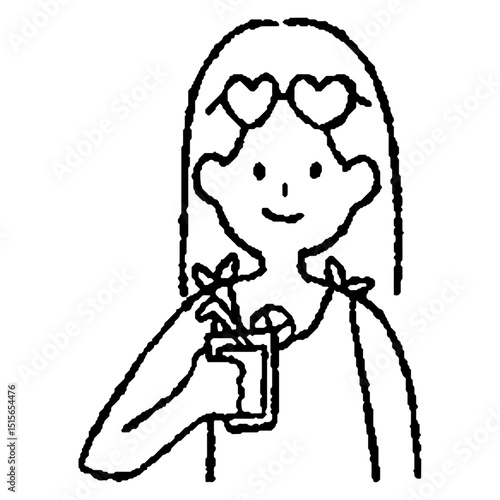 アナログ風手描きのビーチで飲み物を持つ女の子の線画アイコン素材｜夏のレジャーイラスト	