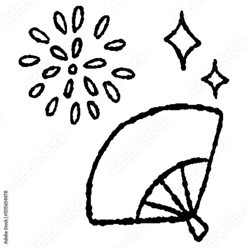 アナログ風手描きの扇・花火の線画アイコン素材｜夏祭り・縁日のイラストセット