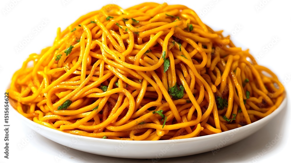 Delicious asian noodles served on a white plate with fresh herbs and bright colors Delicious asian noodles served on a white plate with fresh herbs and bright colors