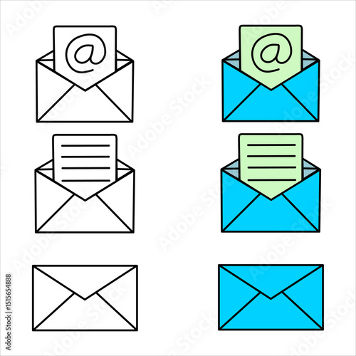 This image shows illustrations of open and closed envelopes with letter icons, @ symbols, and documents, in black-white and blue colors. These symbols commonly represent email or electronic messages.