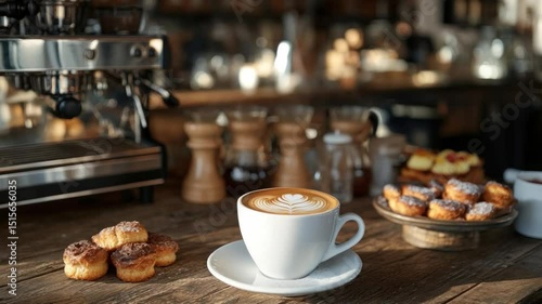 Coffee and Croissants in Cafe: A tempting selection of a coffee and pastries is artfully arranged on the rustic counter of a cozy café.