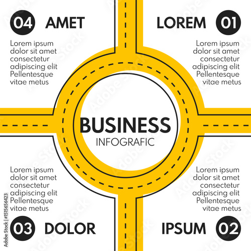 roundabout with 4 exits, round crossroad vector infograpjic