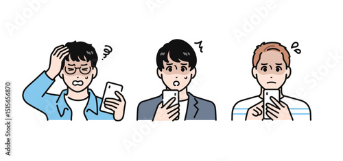 スマートフォンを見て青ざめる3人の若い男性のシンプルなベクターイラストセット