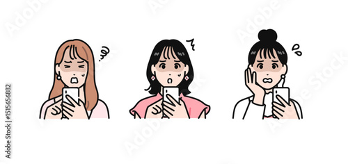 スマートフォンを見て青ざめる3人の若い女性のシンプルなベクターイラストセット