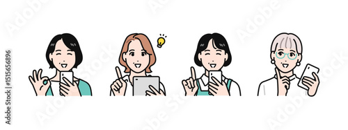 スマートフォンやタブレット端末を見て喜ぶ4人のミドル女性のシンプルなベクターイラストセット