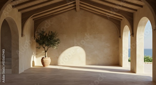 Wallpaper Mural Olive tree shadow on beige rustic wall with clay pot. Summer mediterranean traditional home architecture design, neutral aesthetic Torontodigital.ca