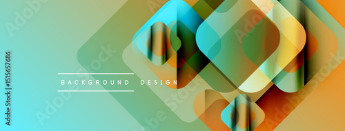 Abstract geometric shapes overlap, creating vibrant layered effect. Turquoise, orange, green hues dominate design. Modern, stylish background.