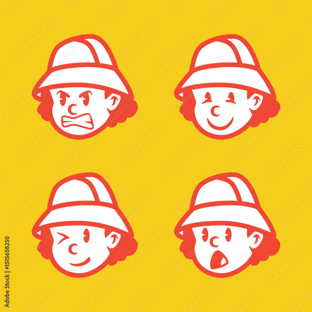 Φωτογραφία Vector illustration of a cartoon boy with bucket hat showing 4 emotional expressions: nervous, angry, shy, and annoyed